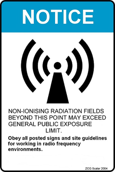 Transmission site medium warning sign, zincalume steel “Non-Ionising radiation…” – 200mm x 130mm